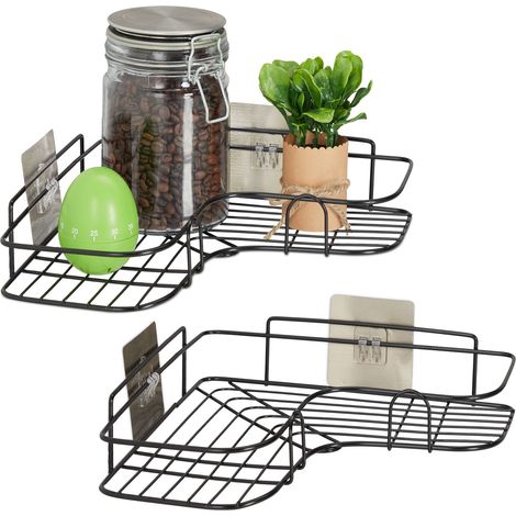 Relaxdays 2x Kitchen Corner Shelf, Adhesive Basket, Stick Up, Wall, Spice Rack, HxWxD: 5.5x26x26 cm, Iron, Black (1/5)