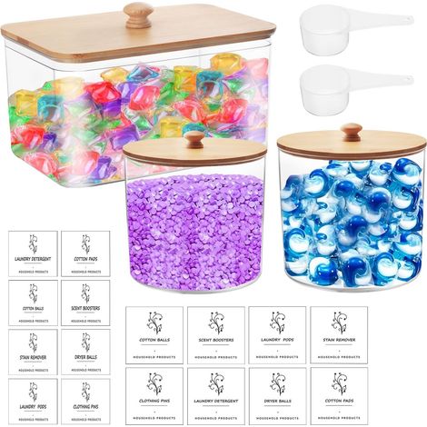 Boîte à Détergent, Lot de 3 Boite Lessive avec 2 Cuillères, Rangement Buanderie Organisation avec Étiquettes, Rangement Buanderie Organisation, pour Boules de Séchage, Pinces à Linge, Capsules (1/5)