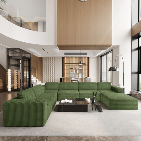 Canapé Modulaire Panoramique 7 places ouvert à droite,Velours côtelé,1 Pouf,Canapé Compressé pour Grand Salon,404x303x82cm,Vert