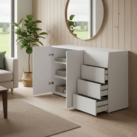 Dmora - Kommode Dmogno, Küchen-Sideboard mit 2 Türen und 4 Schubladen, Wohnzimmer-Buffet, 100 % Made in Italy, cm 124x40h82, glänzend weiß (1/5)