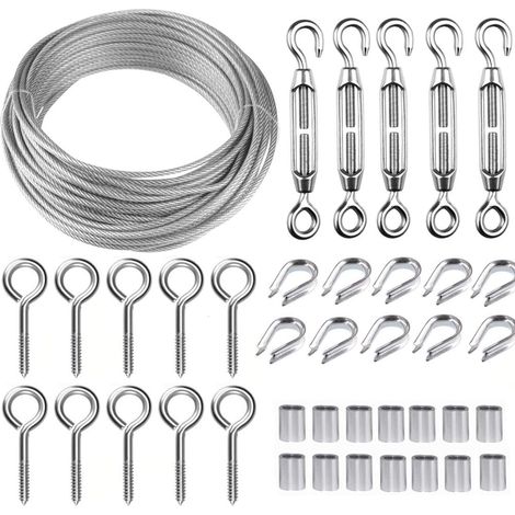 Kit de câble métallique en acier inoxydable de 30 m/2 mm avec tendeur de fil robuste M5, kit de rouleau de fil de clôture, kit de garde-corps de câble, tendeurs de fil de jardin pour plantes grimpante (1/5)