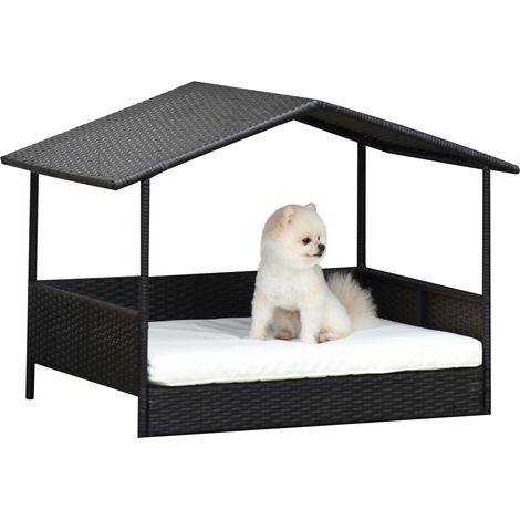Lit surélevé pour chien rotin extérieur avec toit rafraîchissant coussin cadre métallique café brun 69x98x70 cm (1/5)