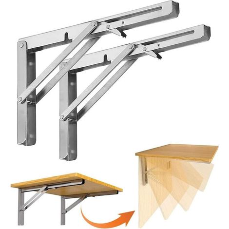 Equerre Pliante,2pcs Étagère Murale Pliante,Support Etagere Murale,Support Console Pliable en Acier Inoxydable pour Table Pliante, Murale, Étagères Charge Maximale 50kg (argent, 200mm) (1/4)