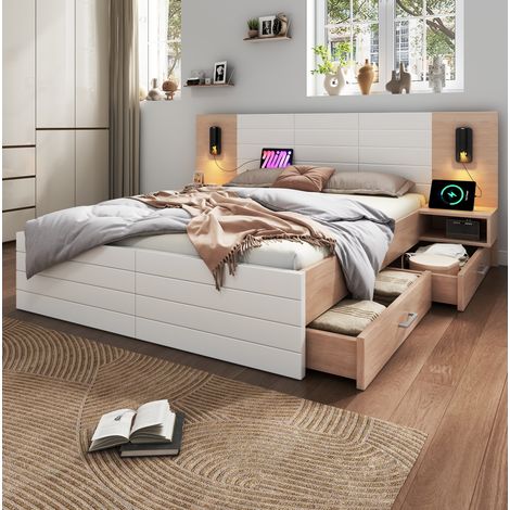 DESVIAE Lit double avec rangements et tables de chevet 140 x 200 cm tête de lit avec lampe de lecture orientable USB 2 tiroirs sommier à lattes bois massif MDF blanc chêne clair (1/4)