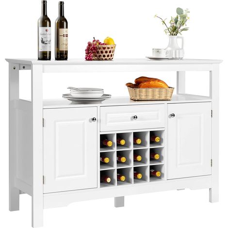 COSTWAY Aparador de Cocina con Porta Botellas de Vino, Repisa Abierta, 2 Armarios y Cajón, Armario de Comedor, Mueble para Cocina Comedor Salón 117 x 40,5 x 85,5 cm (blanco) (1/5)