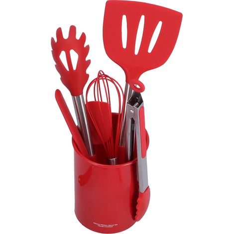 Lot de 15 ustensiles de cuisine en silicone rouge, poignée inox, pour cuisson et pâtisserie, antiadhésif, complet. (1/5)