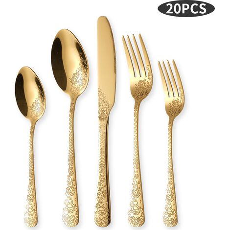 Service de Couverts en Acier Inoxydable pour 4 Personnes, 20 Pièces, Fleurs, Comprend Couteau, Fourchette, Cuillère de Cuisine(or)