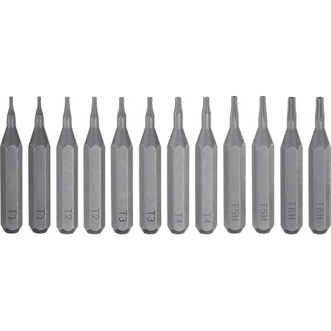 12pcs Jeu Bits Tournevis Torx T1-T4/T5H/T6H Tige Hexagonale 1/4" Longueur 28mm Acier S2 Magnétique Tête Étoile 6 Points Bits Manuel Réparation Précision (1/5)