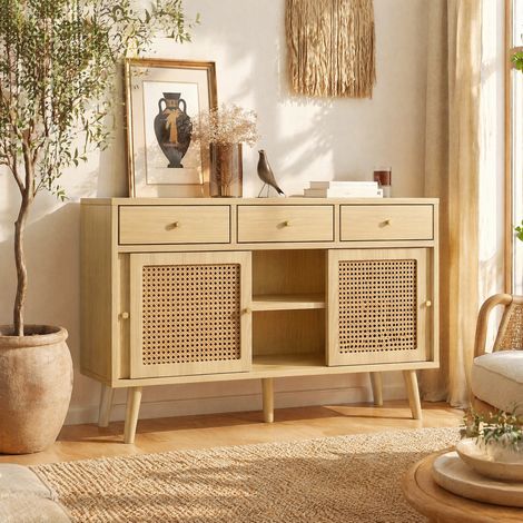 Credenza con 3 ante scorrevoli e 3 cassetti, MDF effetto rovere, DESVIAE (1/5)