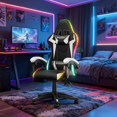Ergonomic PU Leather Office Chair RGB LED RACING GAMING CHAIRwith Headrest and Lumbar Support Black + White