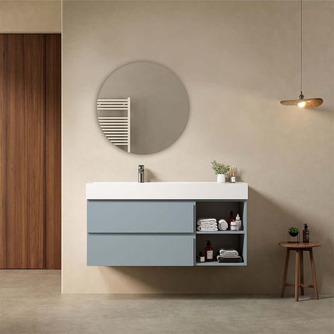 Mobile bagno sospeso 120 cm Blu Avio Lavabo a Sinistra in Resina Specchio Tondo - Fiji Paint Plus (1/4)