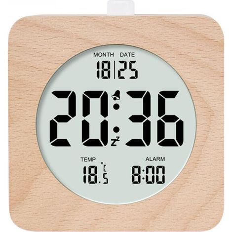 Square Wooden Digital Alarm Clock, Morning Alarm Clock, LCD Digital Clock with Date, Temperature, Snooze and Backlight Display, Battery Operated Digital Alarm Clock (1/5)