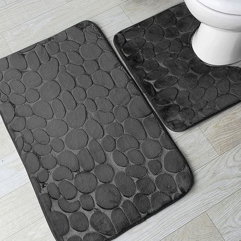 Lot de 3 tapis de bain antidérapants en relief imitation pavés pour salle de bain, avec couvercle de toilette, idéal pour les hôtels (noir). (1/5)