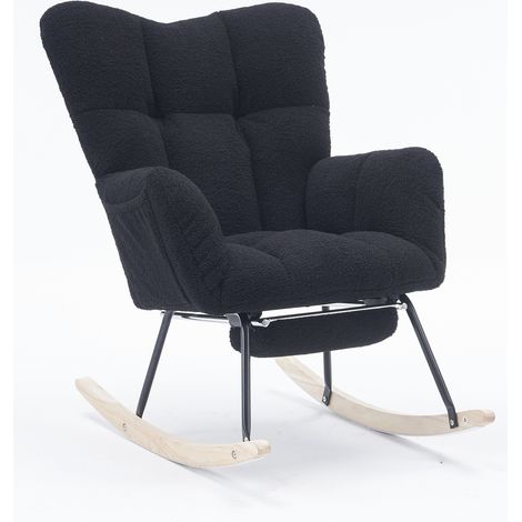 Sillón mecedora moderno de terciopelo teddy negro con reposapiés y estructura de madera (1/5)