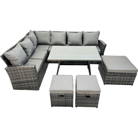 Fimous 9 Sitzer Hoher Rücken Rattan Gartenmöbel-Set Ecksofa mit Länglicher Esstisch 3 Hockern (1/5)