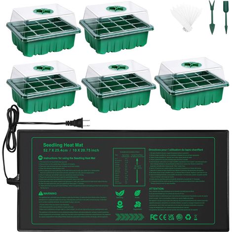 Station de Germination 5 pièces avec Tapis Chauffant et couvercles – 60 cellules, Mini-Serre chauffée pour semis – Kit de Germination avec Tapis Chauffant