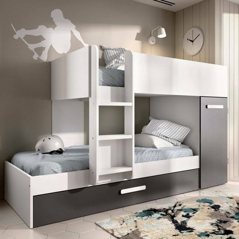 Dmora - Cama infantil Eiger, Dormitorio completo con armario y cajonera, Composición litera con dos camas individuales, 244x112h150 cm, Blanco y Antracita (1/5)