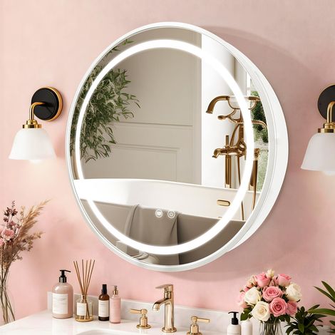 Armoire miroir ronde avec lumière, cadre en aluminium, 3 couleurs de température et variateur, prise USB pour rasoir, débuée, 66 cm, blanc (1/5)