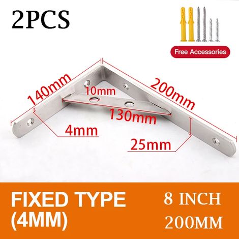 (Fixe 4 mm - 20 cm) 2 supports triangulaires en acier inoxydable pour étagère murale, support robuste, fixation murale, banc, table, étagère - quincaillerie (1/5)