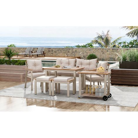 Ensemble repas de jardin 6 à 7 places en bois d’acacia avec fauteuils et desserte (1/5)