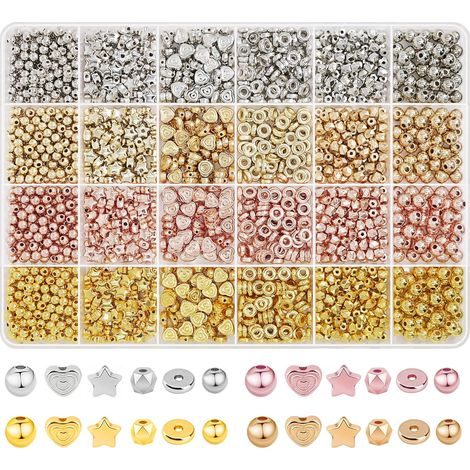 Ensemble de 2300 perles d'espacement dorées Redtwo, 6 formes de perles dorées pour la création de bracelets d'amitié (or, argent, or rose, or KC)