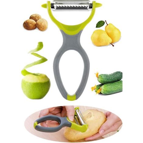 Éplucheur de légumes - Multifonctionnel - Acier inoxydable - Design ergonomique - Vert et gris - 12x7.3x2.8cm (1/4)