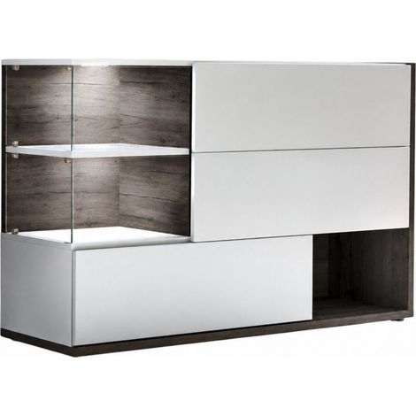Buffet design KLIS blanc et orme perle brillant – 3 portes, niches vitrées et LED (1/5)