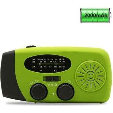 Emergency solar-powered weather radio, earthquake-resistant kit, hand crank, self-powered, AM/FM/WB, hand crank survival radio, LED flashlight, 2000 mAh power bank for iPhones and smartphones (green)