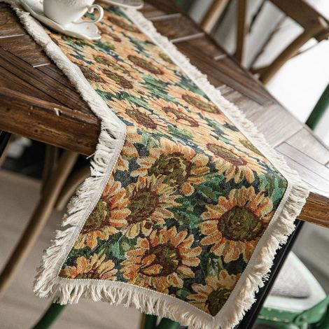 Tischläufer aus Jute mit Jacquard-Sonnenblumenmuster im amerikanischen Stil, mit Quasten, für die Tischdekoration bei Partys, sonnenblumengelb, 30 x 120 cm / 11,8 x 47,2 Zoll (1/5)