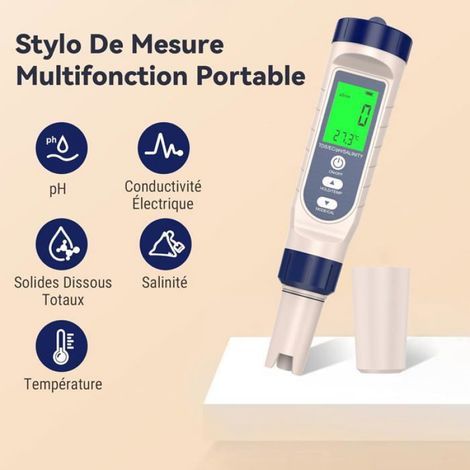 Misuratore di pH 5 in 1: valore del pH, TDS, EC, salinità, termometro, tester di pH per piscine con schermo LCD retroilluminato e compensazione della temperatura. (1/5)