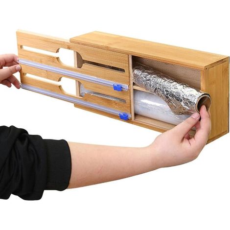 Distributeur de papier aluminium en bambou, séparateur de tiroir de cuisine avec coupe-papier coulissant, organisateur de papier aluminium 2 en 1 pour emballage de cuisine et restaurant (1/4)