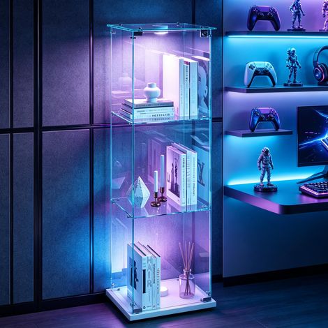 Vetrina a tre ripiani con ante - mobile contenitore autoportante - bianca - con illuminazione a LED - design moderno - adatta per soggiorno o camera da letto - vetrina (1/5)
