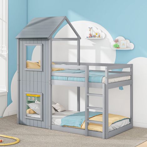 Lit superposé enfant 90 x 200 cm bois massif gris échelle baldaquin sans matelas (1/5)