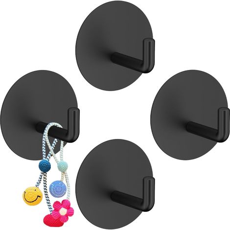 Lot de 4 crochets adhésifs noirs en acier inoxydable pour salle de bain, chambre, salon et cuisine. Installation sans perçage. (1/5)