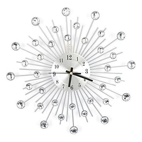 Horloge murale moderne en cristal 3D, 30 cm en métal argenté avec miroir étincelant et strass - Décoration murale ronde - Aiguille numérique en métal - Pour pendaison de crémaillère, salon (1/5)