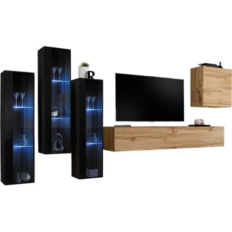 Composizione murale SWITCH XIII – Mobile TV, vetrine LED e cubo – Rovere Wotan e nero – Design moderno