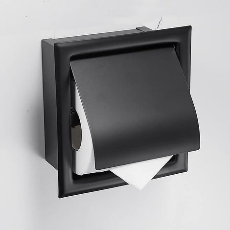 Stainless Steel Recessed Toilet Paper Holder, Square Toilet Paper Holder with Built-in Rollers, Black (1/5)