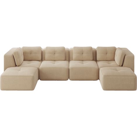 Canapé d'angle modulable en U avec méridienne en velours côtelé beige MODENUIT (1/5)