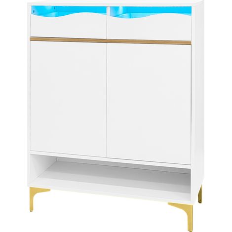 Meuble à chaussures moderne blanc avec LED 16 couleurs – meuble de couloir peu encombrant 80×35×105 cm avec tiroirs et étagères – rangement, design et éclairage pour couloir, salon et entrée
