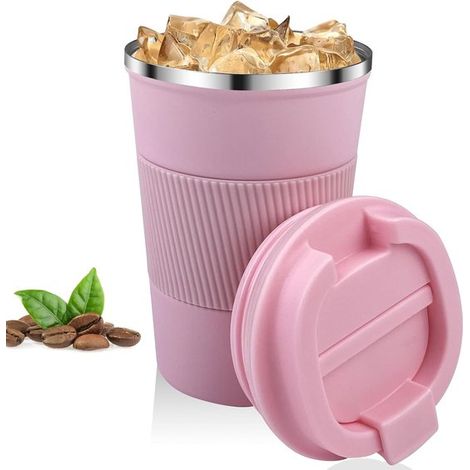 Tazza termica isolante a doppia parete da 380 ml, a prova di perdite, rosa, riutilizzabile, per caffè, acqua e tè. (1/5)