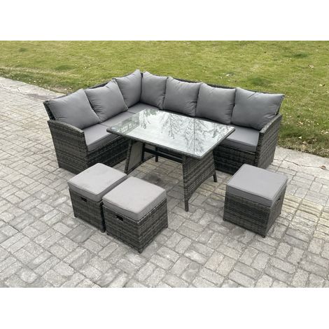 Fimous Wicker Rattan Garden Furniture Corner Sofa Set with Oblong Dining Table 3 Small Footstools 9 Seater Outdoor Rattan Set Dark Grey Mixed