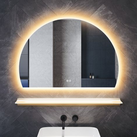 SONNI Halbkreisförmig LED Badezimmerspiegel mit Beleuchteter Ablage, Spiegel mit Anti-Beschlag 3 Einstellbare Lichtfarben und Memory-Funktion, 100×70cm