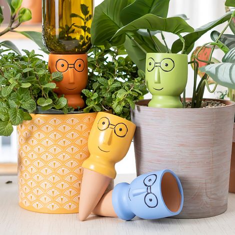 Arroseur automatique en terre cuite Lot de 4 Arrosoirs auto-irrigants design personnage 140ml Multicolore pour plantes (1/5)