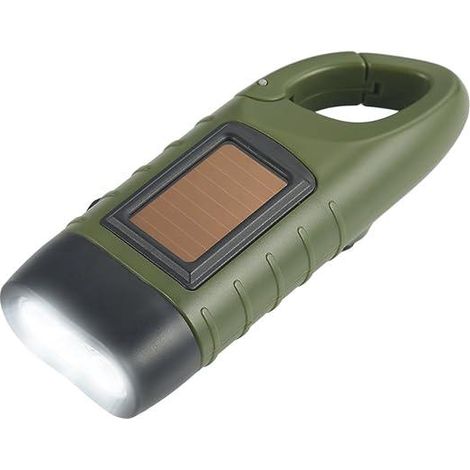 Lampe torche à manivelle verte, lampe LED portable rechargeable à dynamo et solaire avec crochet, énergie sans pile pour camping, randonnée et montagne (1/5)