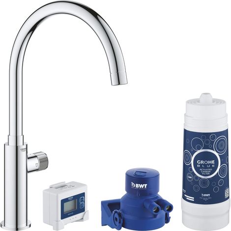 Robinet de cuisine sans mitigeur avec système de filtration complet filtre charbon actif, bec en forme de C, Chromé (1/5)
