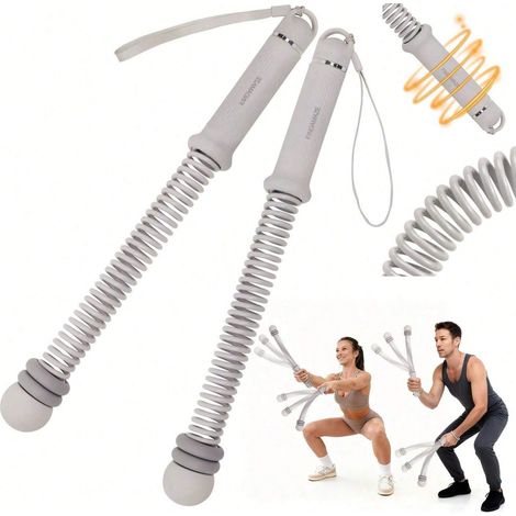 Barre d'exercice à ressort de résistance réglable, bâton d'entraînement complet, pour salle de sport à domicile, poignée antidérapante, lot de 2, gris clair (1/4)