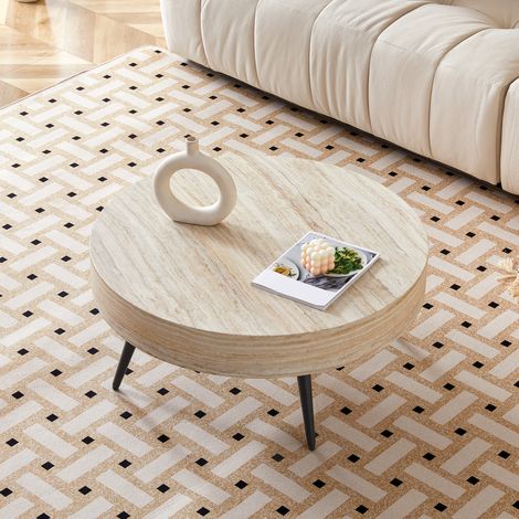 Table basse ronde 70x70x35,5 cm noir et décor travertin clair, pieds réglables, MDF métal MEUBLIV (1/5)