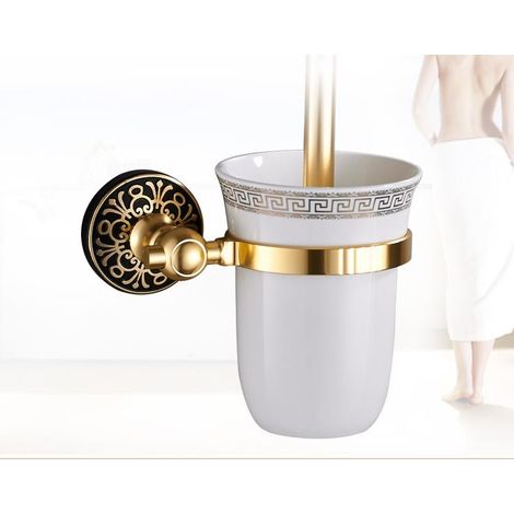 Porte-brosse WC monobloc en métal avec verre poli et accessoires de toilette dorés, fixation murale, style européen. (1/4)