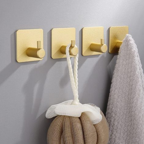 Crochets auto-adhésifs en acier inoxydable - Finition dorée, lot de 4, sans perçage ni vis, pour murs, briques, portes, cuisine, salle de bain (1/5)
