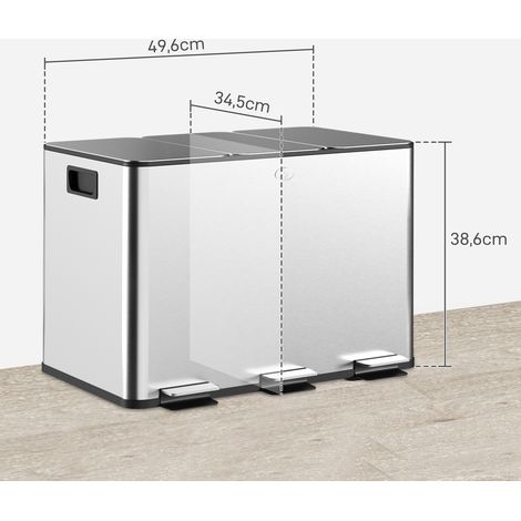 Poubelle de cuisine, poubelle tri sélectif, 3 compartiments de 10L, seaux intérieurs amovibles, 49,6x34,5x38,6cm, argent (1/5)